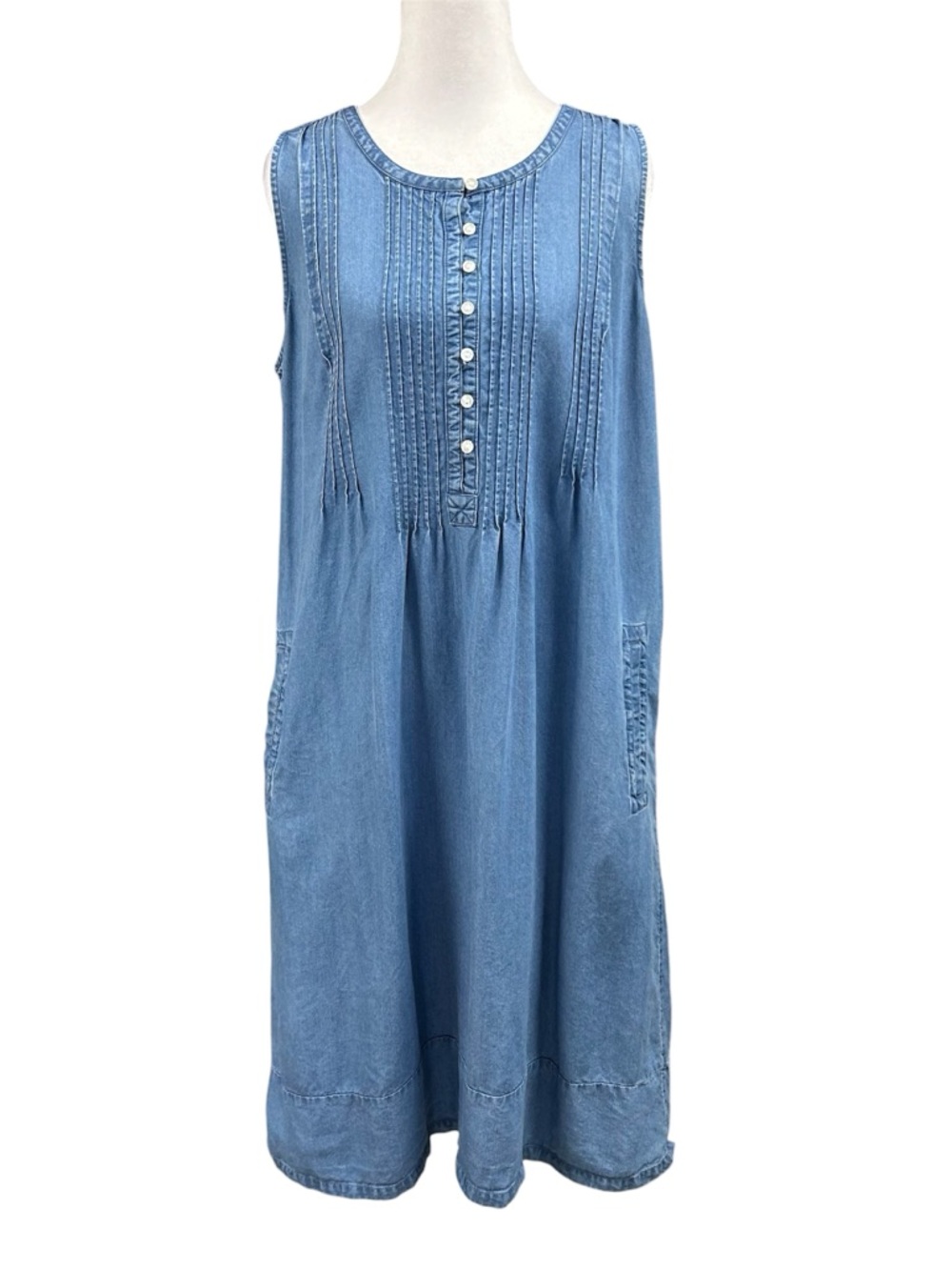 Coldwater Creek Chambray Pintuck Sleeveless Pocket Button Dress Sz M